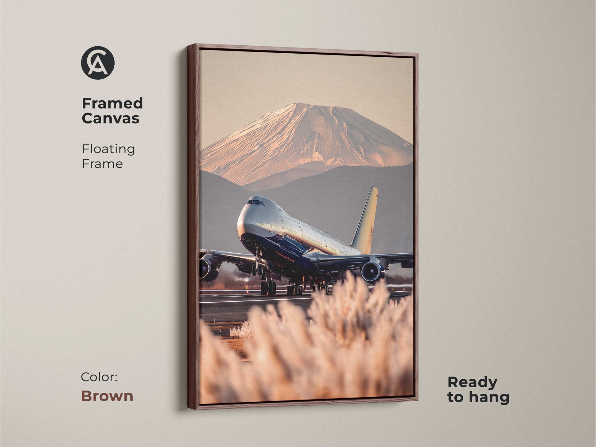 Framed travel photography canvas featuring a Boeing 747 with Mount Fuji. The floating frame is brown. The contemporary aviation art uses blue gold and beige tones. Ready to hang this artwork is perfect for modern home decor. A unique housewarming gift for travelers and aviation enthusiasts.