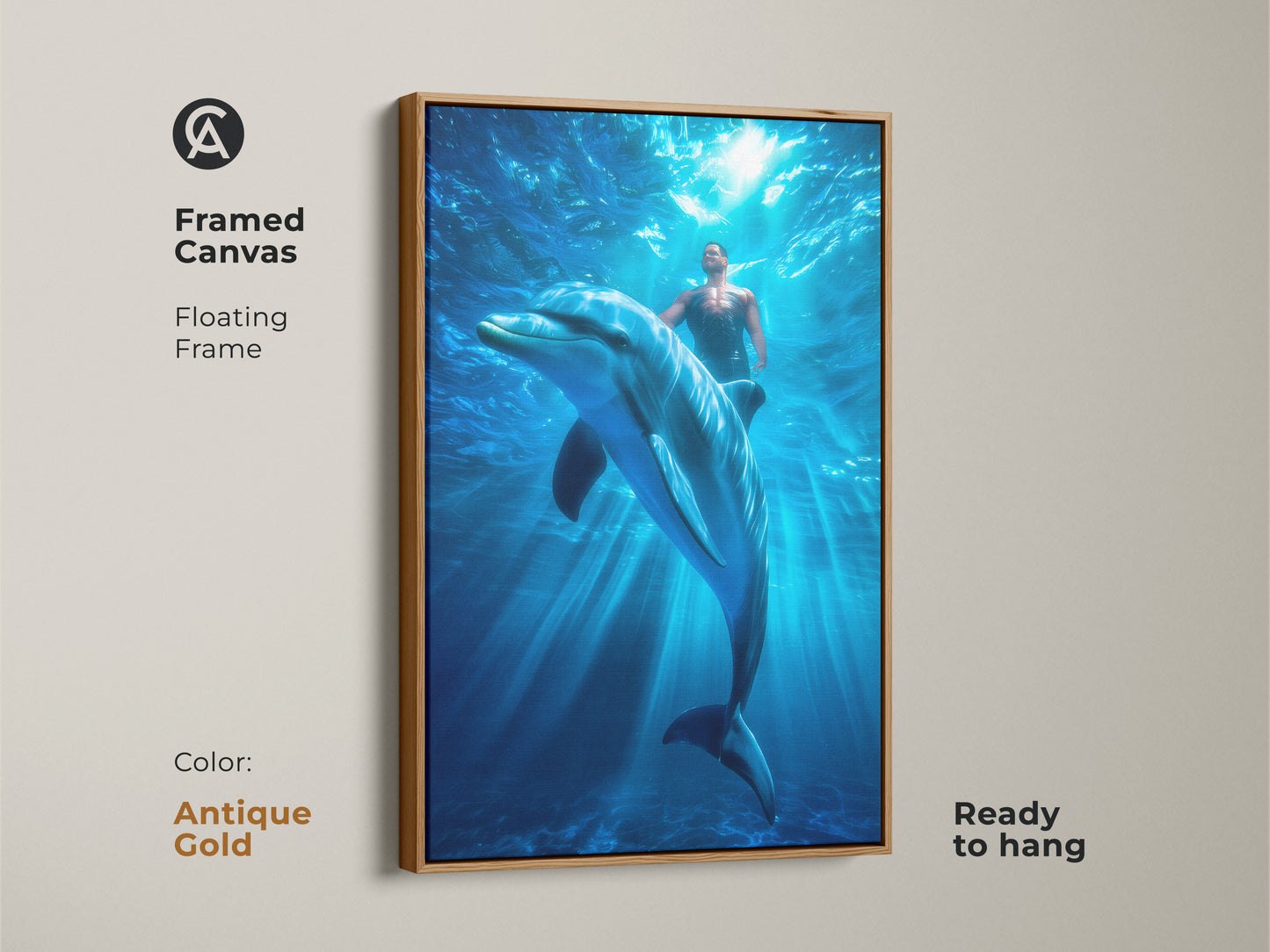 Framed canvas art displays a man swimming with a dolphin underwater. The antique gold floating frame adds elegance to this fantasy marine life print. Ready to hang this blue coastal wall decor enhances any room.