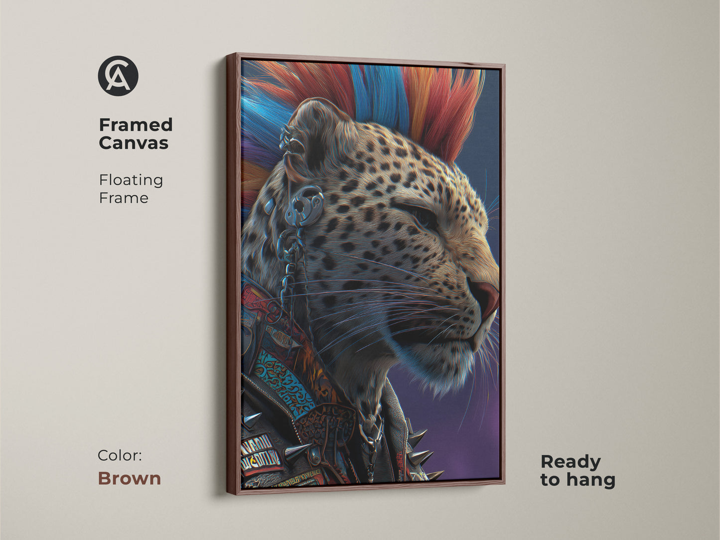 Brown Framed Canvas displaying Punk Leopard Art for sale. This Mohawk animal art embodies a cyberpunk aesthetic. Ready to hang this rebel animal artwork enhances any space. The unique animal print makes an ideal birthday gift for him. Shop alternative home decor for rocker style.