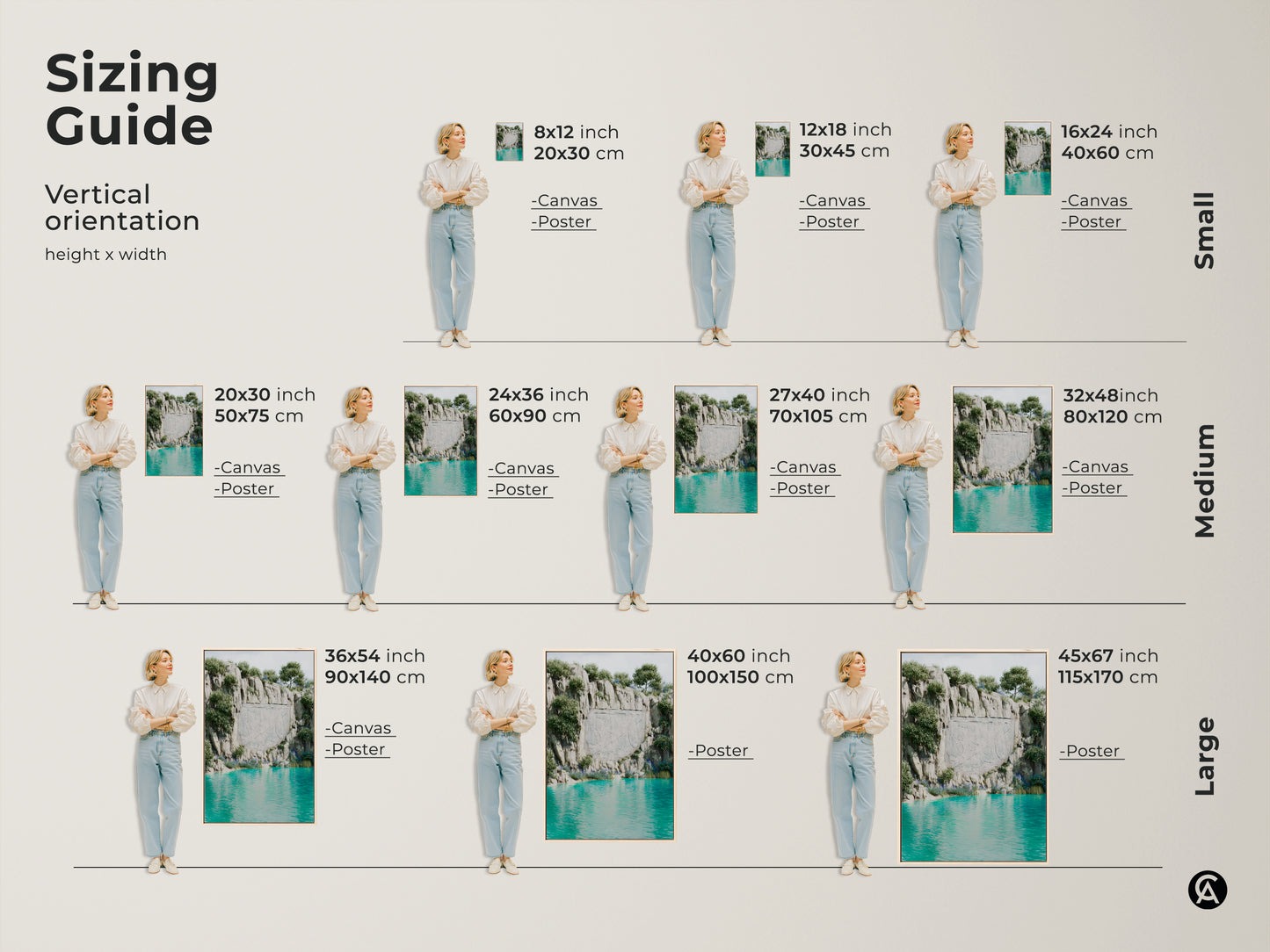 Sizing guide for vertical surreal cliff landscape art. Available in small medium and large sizes as canvas or poster prints. Perfect for adding a touch of fantasy nature to any room. Eclectic home decor for nature lovers and travel enthusiasts. Choose the perfect size for your space.