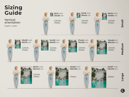 Sizing guide for vertical surreal cliff landscape art. Available in small medium and large sizes as canvas or poster prints. Perfect for adding a touch of fantasy nature to any room. Eclectic home decor for nature lovers and travel enthusiasts. Choose the perfect size for your space.