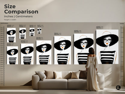Size comparison of minimalist woman art prints in inches and centimeters. Visualize the impact of different sizes in your living space. Choose canvas or poster in black white and orange for a stylish statement.