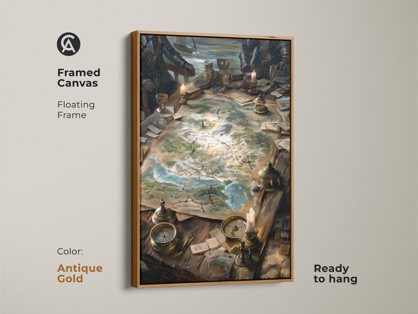 Framed fantasy art of a strategy meeting ready to hang. The artwork displays a detailed map surrounded by leaders. The canvas is framed in an antique gold floating frame. This framed canvas print adds a touch of historical fantasy.