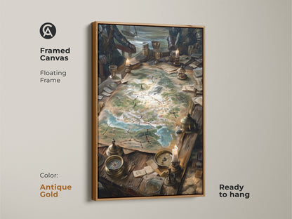 Framed fantasy art of a strategy meeting ready to hang. The artwork displays a detailed map surrounded by leaders. The canvas is framed in an antique gold floating frame. This framed canvas print adds a touch of historical fantasy.