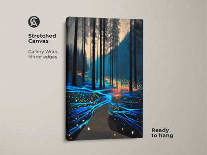 Stretched canvas of surreal forest wall art offers a gallery wrap with mirrored edges. Fantasy nature scene is ready to hang. Luminous pathway glows with teal and orange abstract colors.