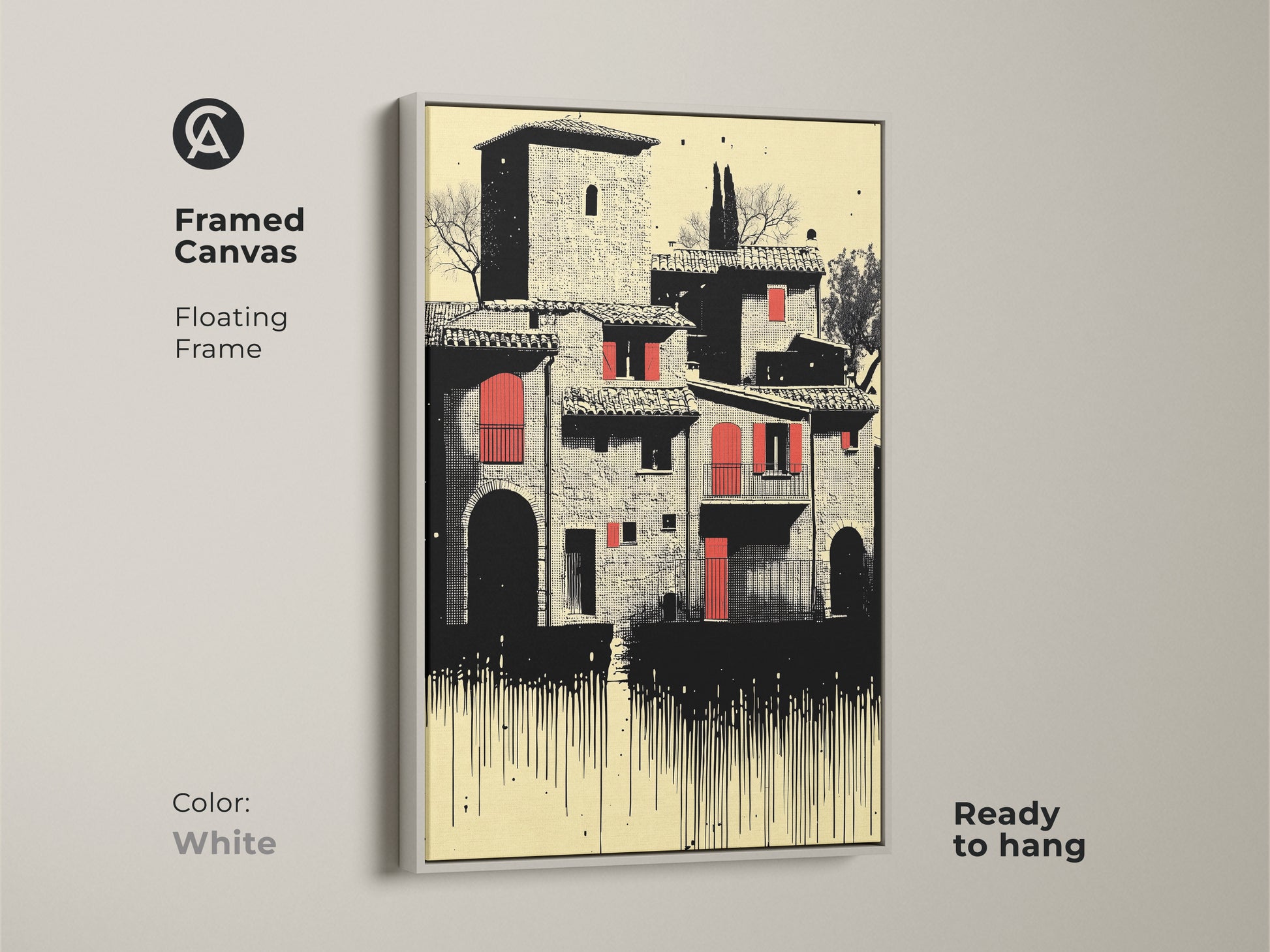 Framed canvas art of a Tuscan village with distinctive red roofs. This Italian architecture piece in cream red and black has a floating white frame. Ready to hang artwork for Italy and travel lovers and eclectic decor styles.