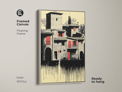 Framed canvas art of a Tuscan village with distinctive red roofs. This Italian architecture piece in cream red and black has a floating white frame. Ready to hang artwork for Italy and travel lovers and eclectic decor styles.