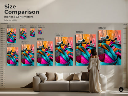 Size comparison of abstract crab art in inches and centimeters. The art features a colorful marine life print. The print has teal pink and orange hues. This nautical wall art is perfect for eclectic decor. Find the right size for your space. It will enhance your living room.