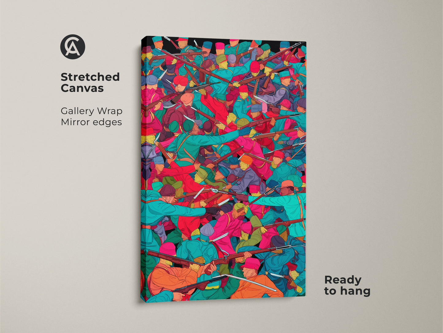 Stretched canvas historical battle scene artwork. The artwork features soldiers with muskets in teal orange and red tones. It is gallery wrapped with mirrored edges and ready to hang. This eclectic and figurative art piece adds a powerful statement to any home decor.