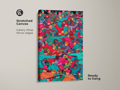 Stretched canvas historical battle scene artwork. The artwork features soldiers with muskets in teal orange and red tones. It is gallery wrapped with mirrored edges and ready to hang. This eclectic and figurative art piece adds a powerful statement to any home decor.
