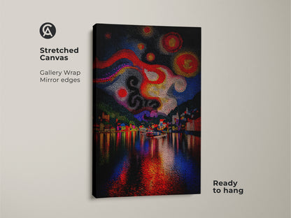Stretched Canvas Gallery Wrap Mirror edges art is ready to hang. Abstract Cityscape artwork features an impressionistic night sky. It is a colorful village art print in red yellow and blue.