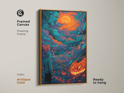 A framed canvas showcases Halloween artwork. It features a spooky zombie and a glowing jack-o-lantern under a bright moon. This floating frame is antique gold. It is ready to hang. Elevate your decor with this eerie art.