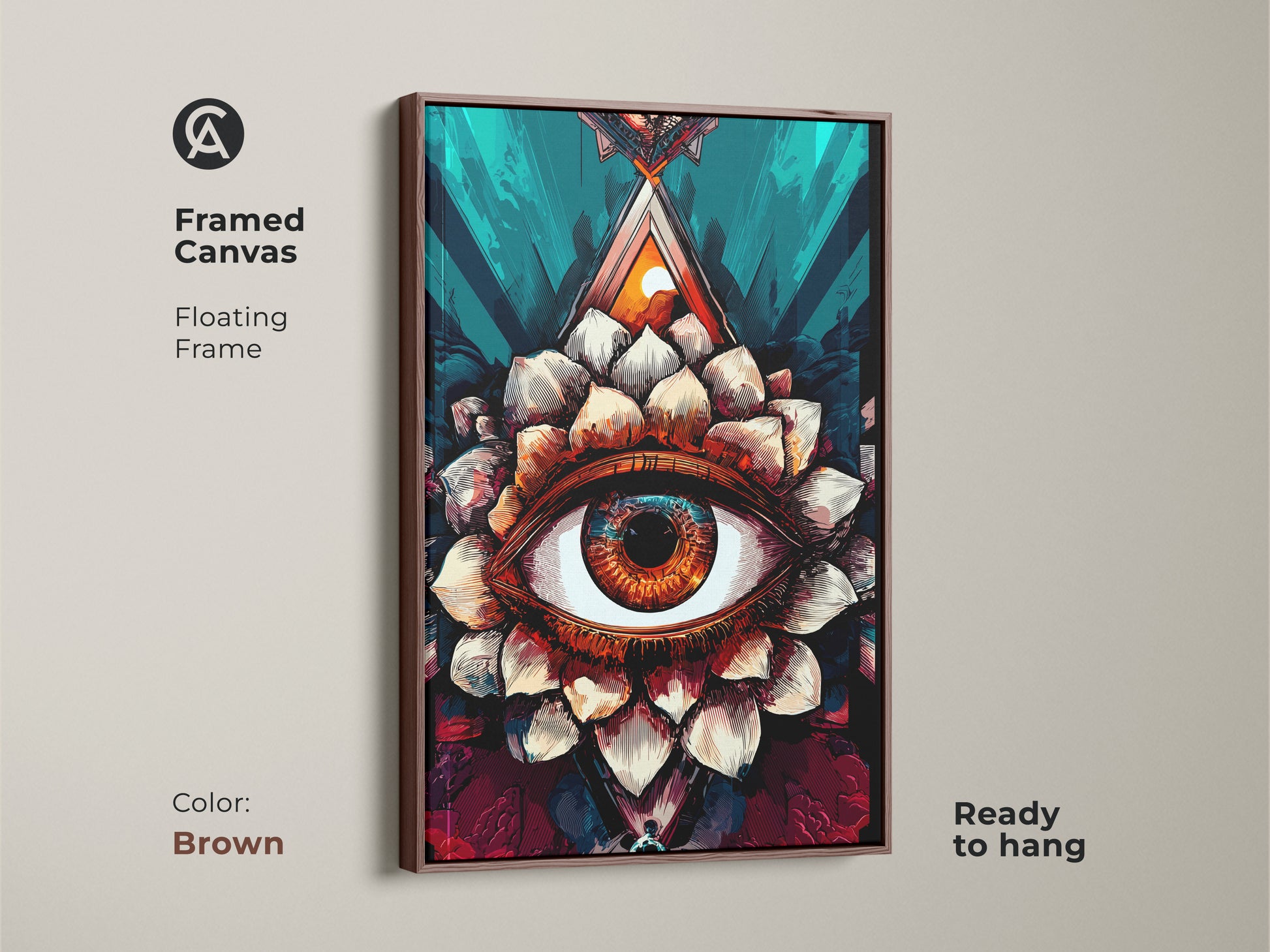 Framed canvas of surreal eye lotus art in a brown floating frame. This amber and teal artwork adds a spiritual touch. Perfect for eclectic home decor. The abstract third eye is ready to hang and complements any space needing a mystic boost.