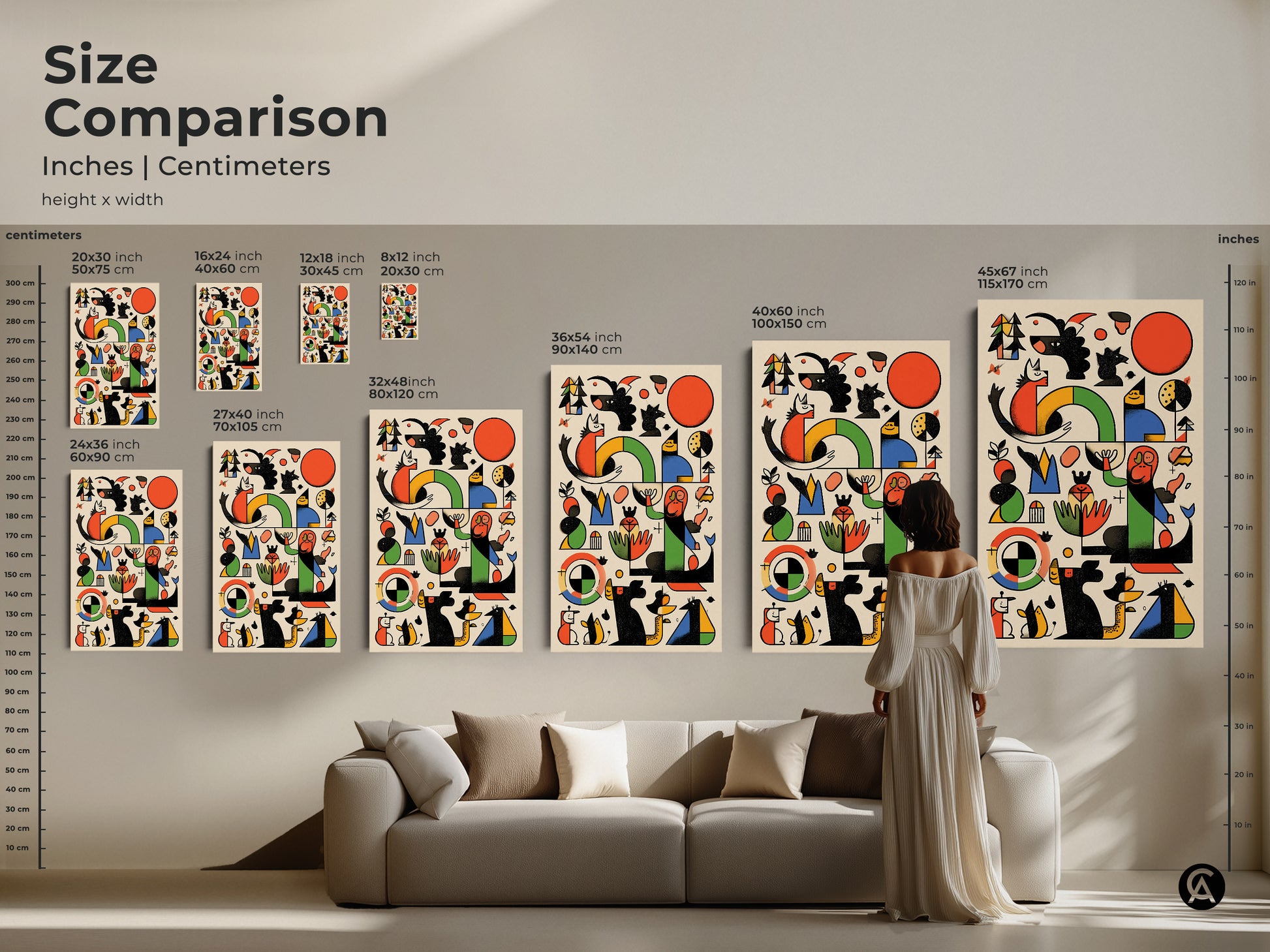 Size comparison of Mid-Century Modern art prints in inches and centimeters. Abstract geometric Bauhaus style art features red orange and green. Various sizes to fit any room from small to extra large.