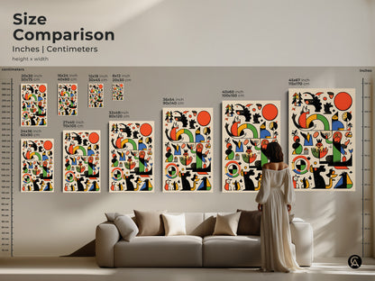 Size comparison of Mid-Century Modern art prints in inches and centimeters. Abstract geometric Bauhaus style art features red orange and green. Various sizes to fit any room from small to extra large.