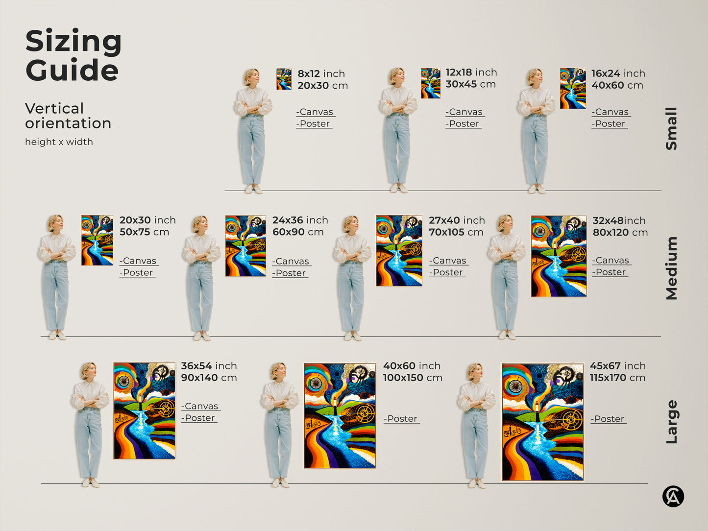 The sizing guide showcases various vertical orientations of the abstract lighthouse canvas. Sizes range from small to large. Visualize the artwork in your space with these size options.