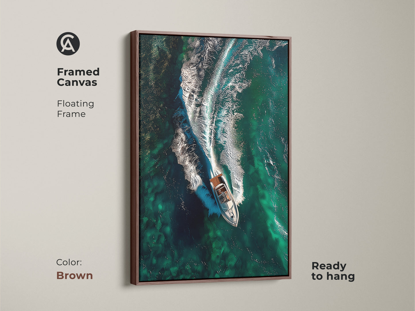 This framed canvas features a speedboat art print with a floating frame in brown. The aerial view captures the boat slicing through emerald green waves. Ready to hang this contemporary nautical artwork brings coastal living to any space. It is perfect for a modern home office or bedroom wall decor.