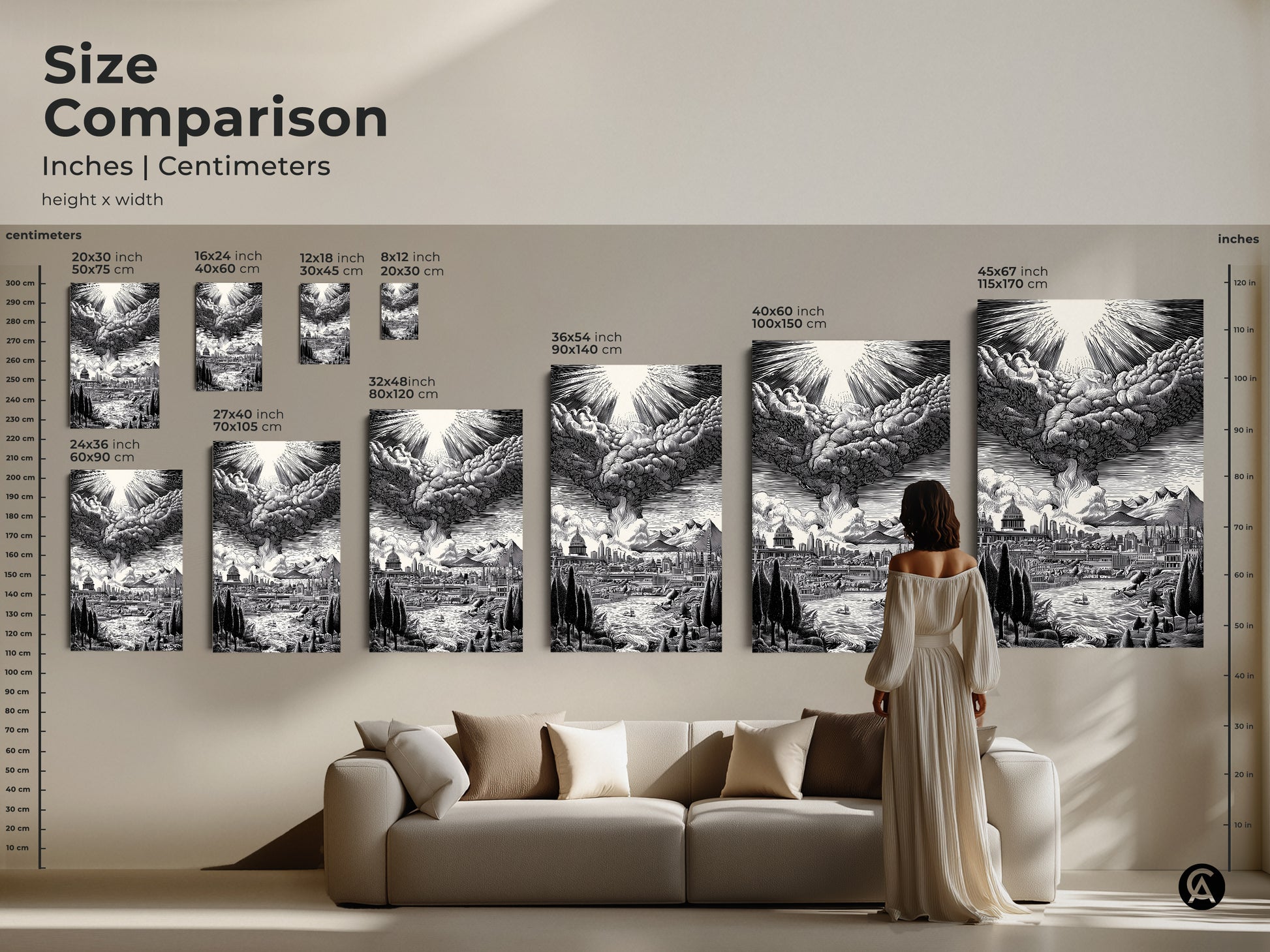 Size comparison of artwork in inches and centimeters. See how different sizes fit in a living room setting. Available sizes range from 8x12 inch to 45x67 inch. Visualize the impact of each art piece. Discover the perfect size for your space today.