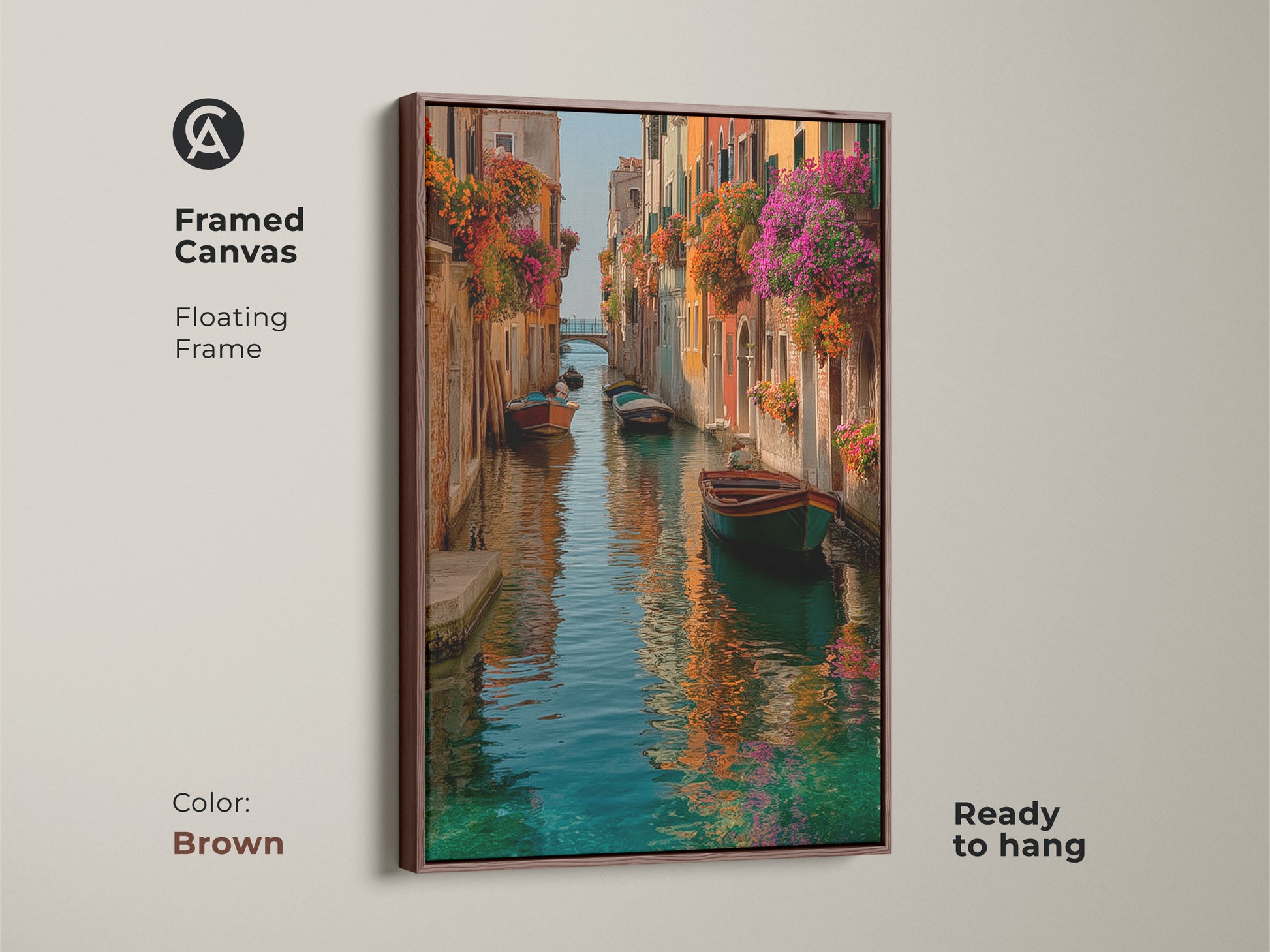 Framed canvas of Venice canal artwork. A floating frame in brown enhances this Italian romantic landscape. Ready to hang. The colorful boats and flowers bring vibrant life to any room.