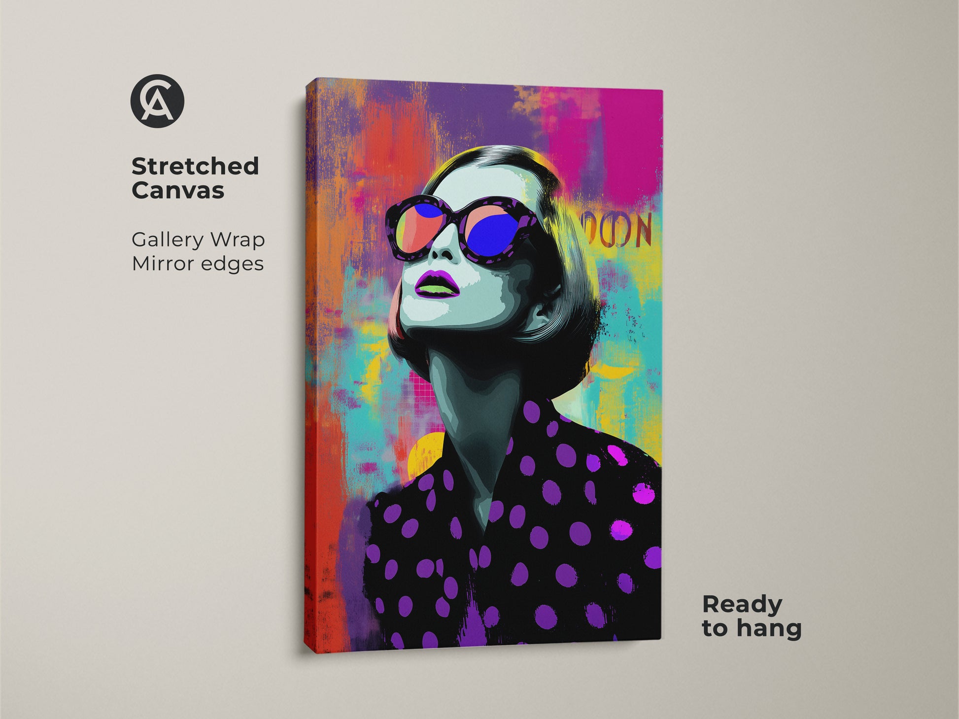 Stretched canvas print of a Pop Art woman. Gallery wrapped with mirror edges this colorful abstract art is ready to hang. The purple pink and teal tones add a contemporary touch.