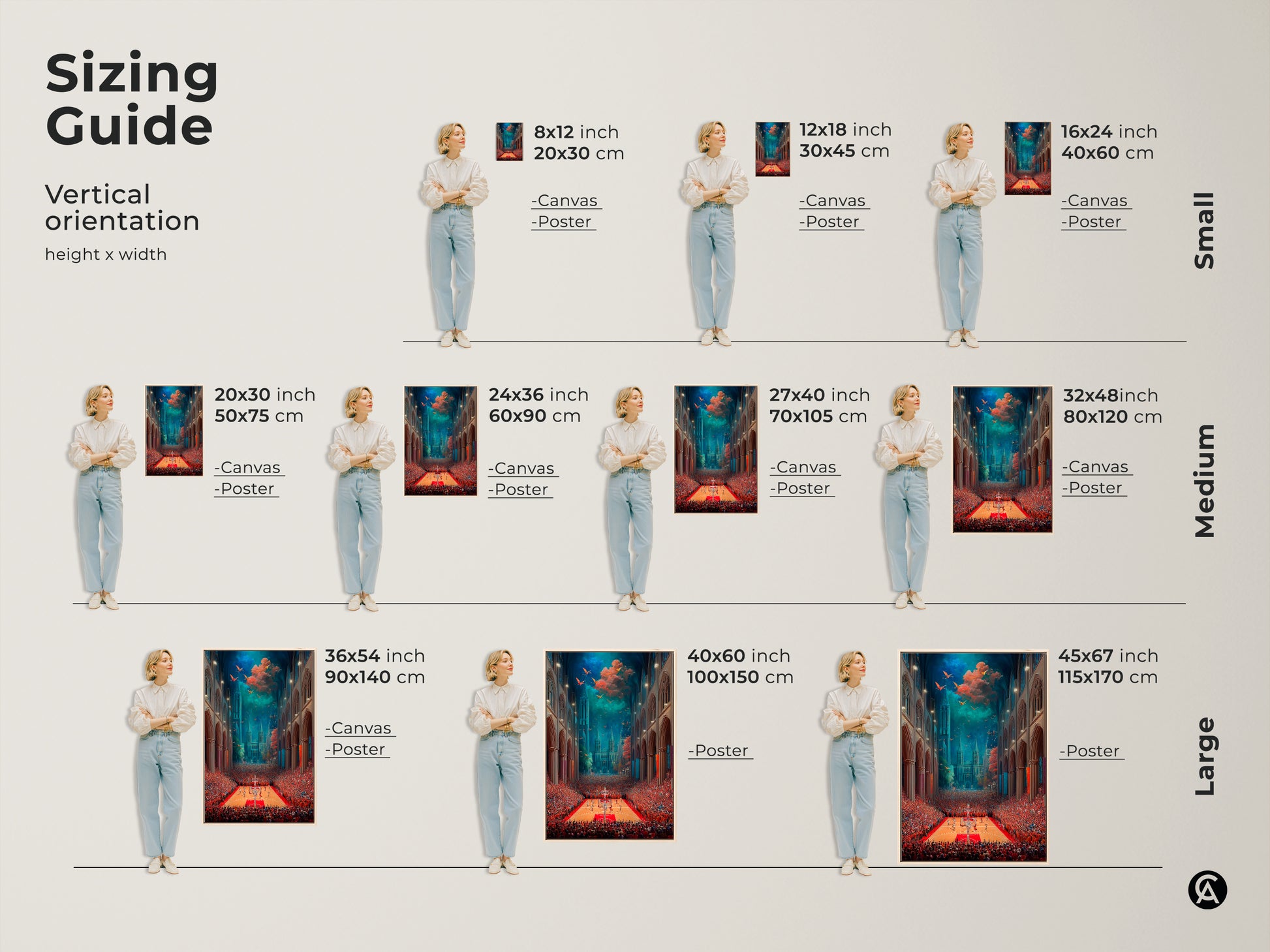 Sizing guide showing various sizes of vertical artwork featuring surreal basketball cathedral. From small 8x12 inch prints to large 45x67 inch canvases. Choose the perfect size for your space. Available as canvas or poster.