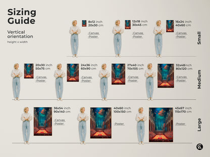 Sizing guide showing various sizes of vertical artwork featuring surreal basketball cathedral. From small 8x12 inch prints to large 45x67 inch canvases. Choose the perfect size for your space. Available as canvas or poster.