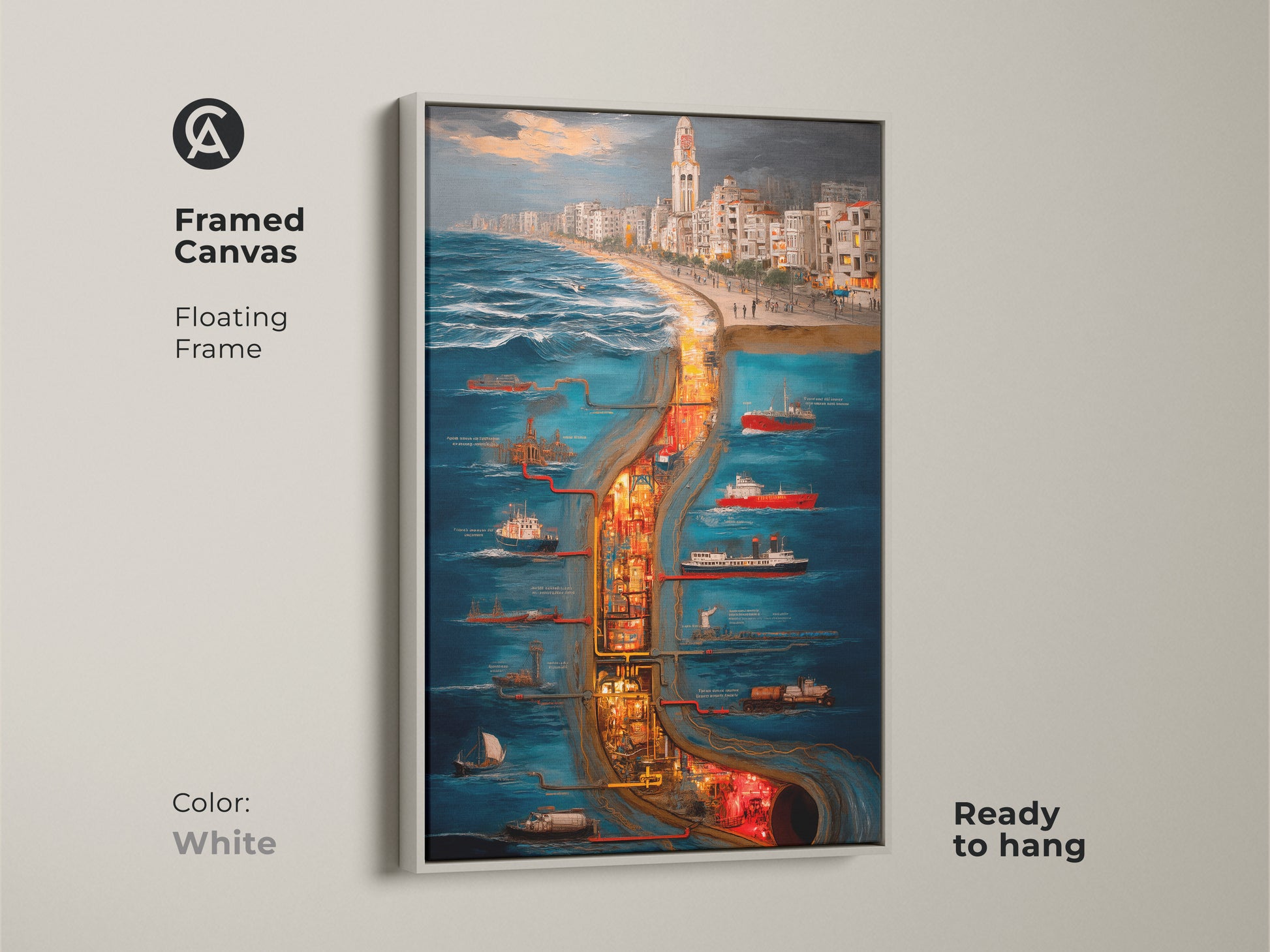 Framed Canvas in white showcases a surreal cityscape maritime industrial scene. The floating frame art is ready to hang as wall decor. Deep blue orange and yellow tones make it perfect for eclectic home decor or unique office art. This maritime industrial canvas captures a ship and city skyline in an artistic urban scene.