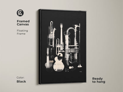 Black framed canvas showcasing musical instruments artwork. This art features a guitar trumpet tuba and clarinet. The instruments are arranged in a still life composition. This framed canvas is ready to hang. It's a stylish piece for music enthusiasts.