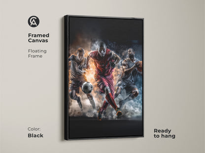 Black framed canvas featuring soccer football and basketball players. Floating frame adds a modern touch. Ready to hang this is perfect for sports fans art collectors.