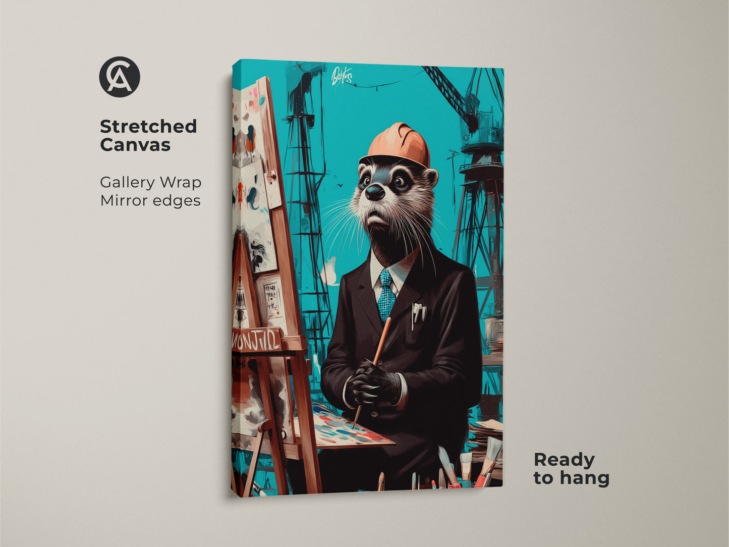 Stretched canvas print of a surreal otter artist. He wears a construction helmet against industrial cranes. The teal and brown animal wall art is ready to hang. A perfect gift for creative builders.