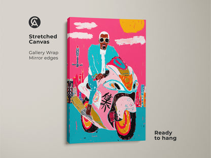 Stretched Canvas of a Pop Art Motorcycle art print. The gallery wrap and mirror edges enhance the urban cityscape wall art. Hot pink and turquoise colors dominate. Ready to hang motorcycle canvas perfect as eclectic motorcycle decor.