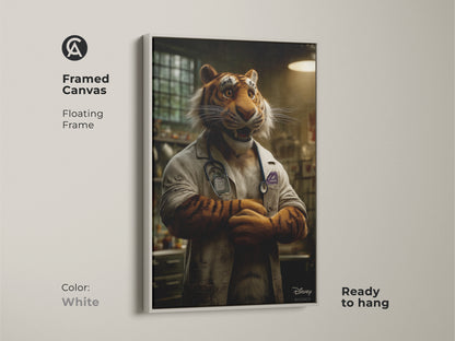 A framed canvas artwork of a tiger dressed as a doctor. It features a floating frame in white. The artwork is ready to hang. It adds a clean and modern look to any space. It combines animal themes with medical attire.