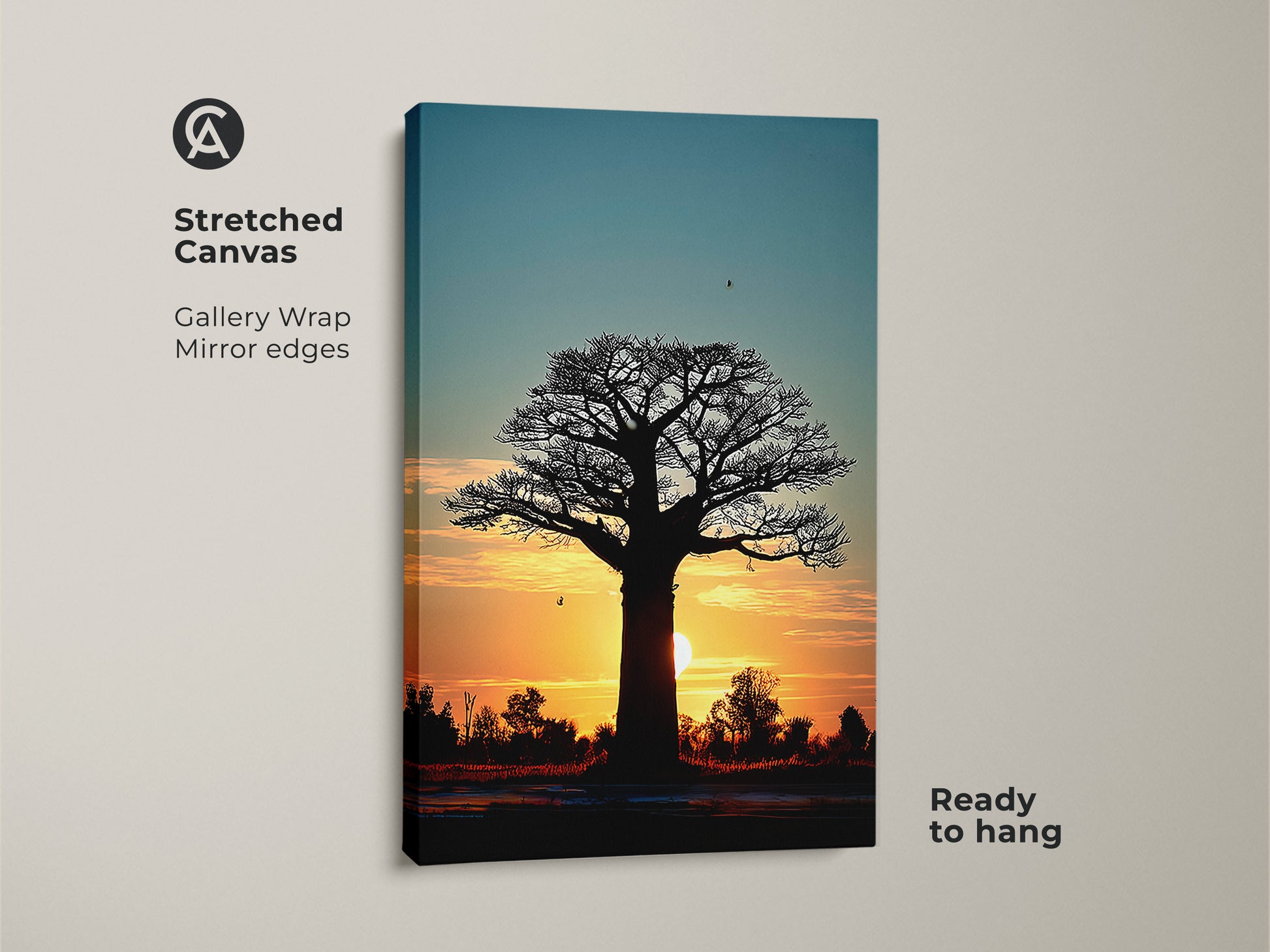 Stretched canvas of an African baobab tree at sunset. The gallery wrap and mirror edges enhance the sunset silhouette landscape print. The orange and teal tones bring a boho vibe. Ready to hang nature inspired artwork.