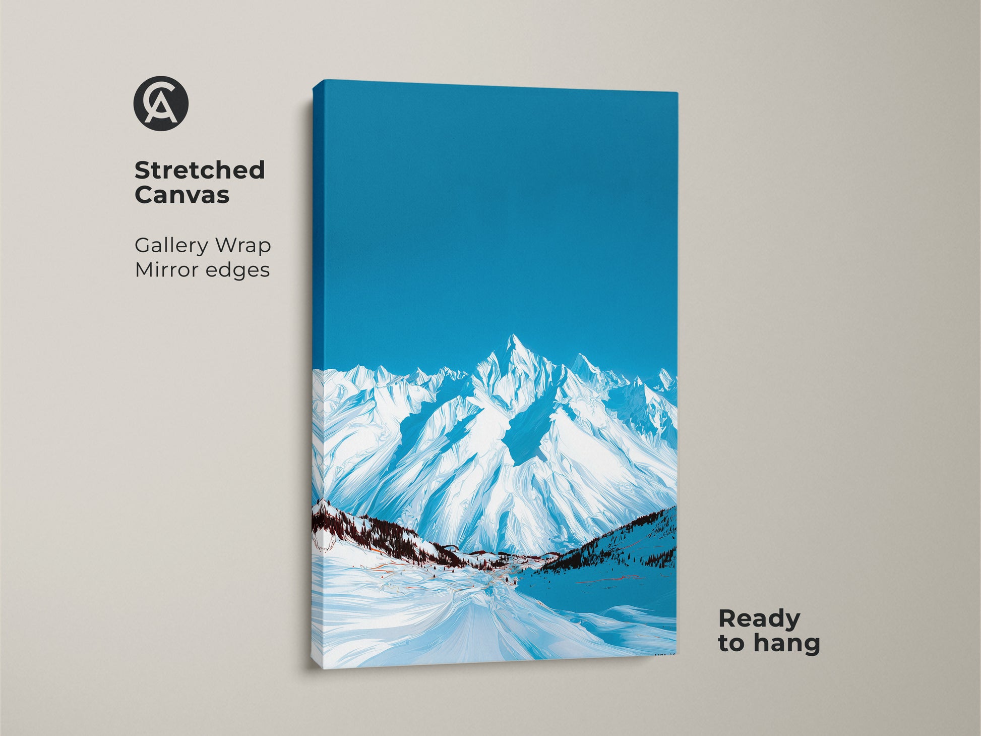 Stretched canvas featuring an abstract snowy mountain. This deep blue sky landscape print is ready to hang. It is a gallery wrap with mirrored edges. This artwork is perfect for any room.