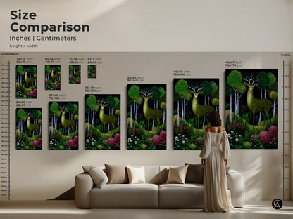 Size comparison of the green deer forest art print in inches and centimeters. Ranging from small to large sizes as canvas or poster. Perfect for a boho woodland animals canvas collection.