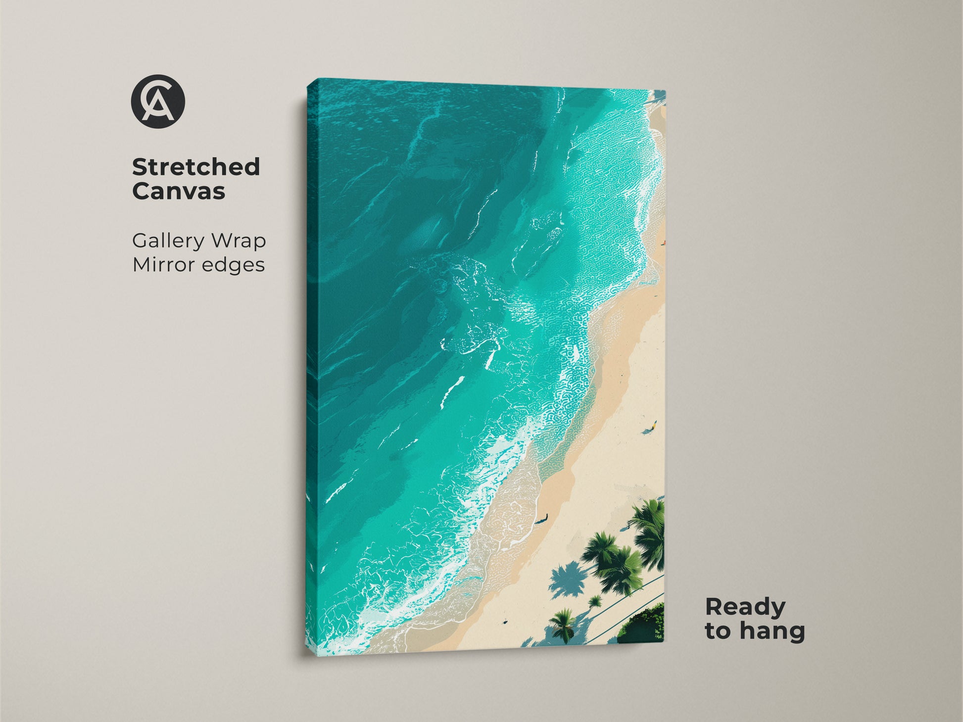 Stretched canvas print of a tropical beach from above. The gallery wrap features mirrored edges. The turquoise ocean waves crash on the sandy shore. Palm trees line the coast in this ready to hang artwork. A perfect addition to your beach themed room.