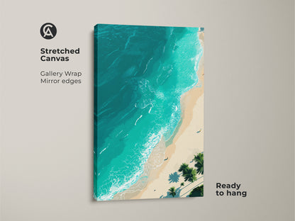Stretched canvas print of a tropical beach from above. The gallery wrap features mirrored edges. The turquoise ocean waves crash on the sandy shore. Palm trees line the coast in this ready to hang artwork. A perfect addition to your beach themed room.