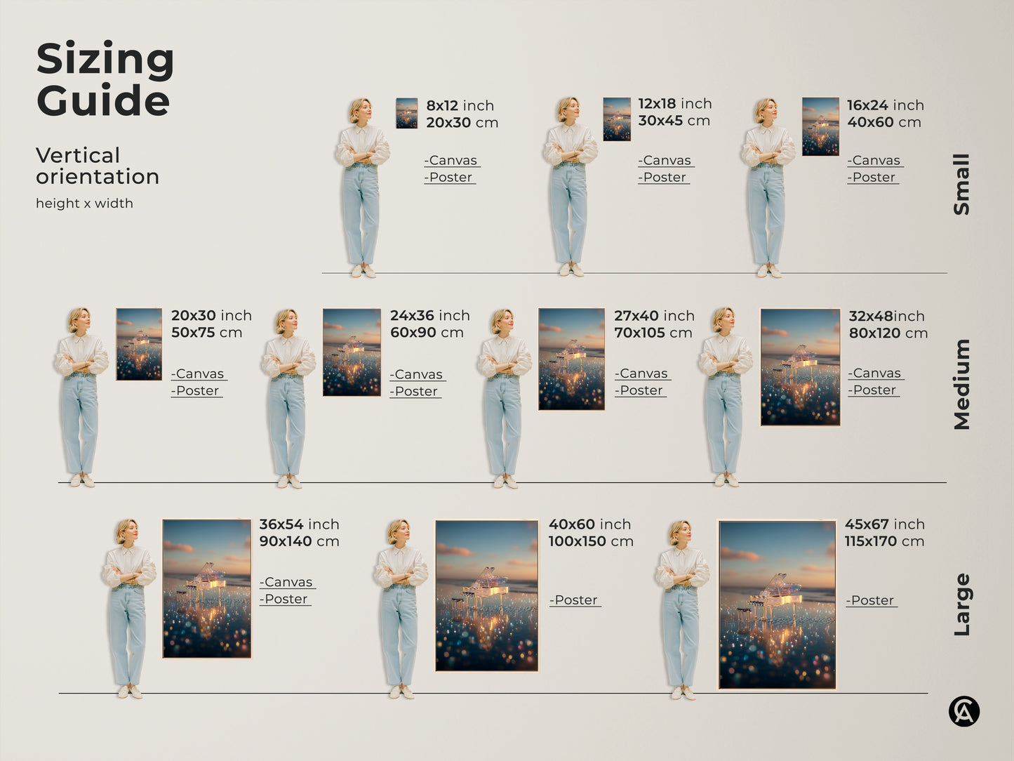 View our vertical orientation sizing guide. Find the perfect fit for your space. Sizes range from small to large. Choose from canvas or poster options. Visualize how each size looks in a room. Find the ideal crystal piano artwork for your home. Shop now for the perfect piece.