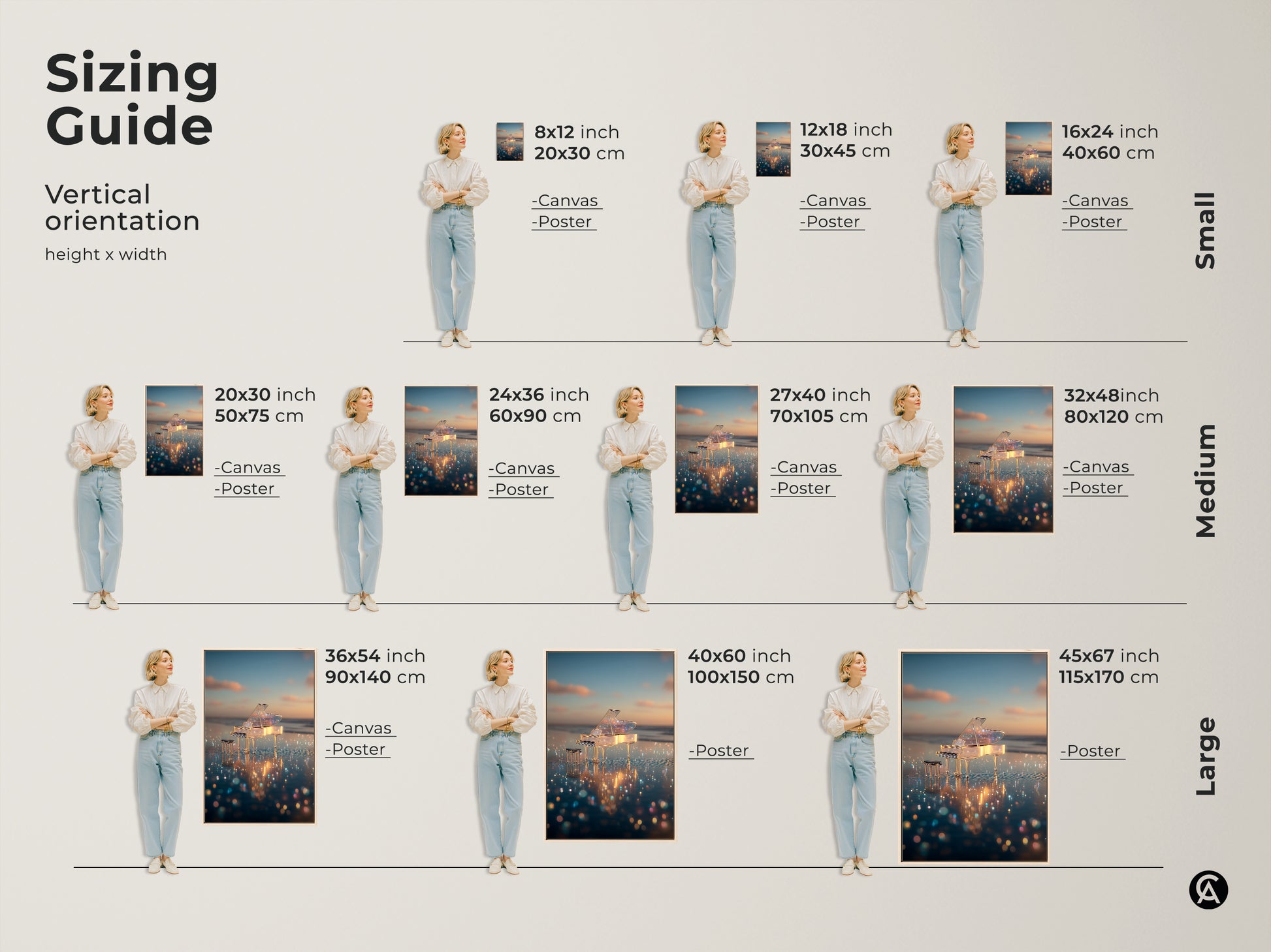 View our vertical orientation sizing guide. Find the perfect fit for your space. Sizes range from small to large. Choose from canvas or poster options. Visualize how each size looks in a room. Find the ideal crystal piano artwork for your home. Shop now for the perfect piece.