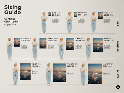 View our vertical orientation sizing guide. Find the perfect fit for your space. Sizes range from small to large. Choose from canvas or poster options. Visualize how each size looks in a room. Find the ideal crystal piano artwork for your home. Shop now for the perfect piece.