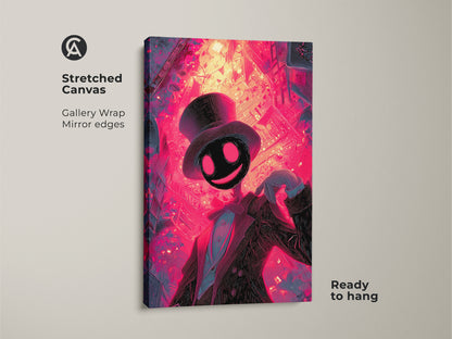 A stretched canvas showcases a smiling figure in a hat and suit. This gallery wrapped canvas has mirrored edges and is ready to hang. The artwork features bright neon colors and a surreal theme.