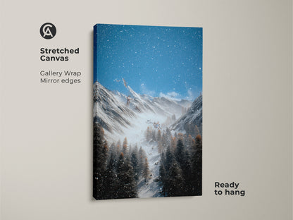 This stretched canvas features a winter mountain scene with snow covered pines. The gallery wrapped edges provide a modern touch. Blue gray hues create a serene rustic landscape wall art. Ready to hang this snowy pine forest artwork is perfect for adding nature inspired decor to any space. A great gift for hikers.