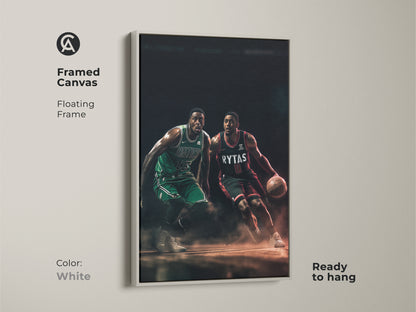 Framed canvas art presenting two basketball players in action. The white frame offers a clean modern style. This artwork is ready to hang. A perfect piece for sports art enthusiasts.