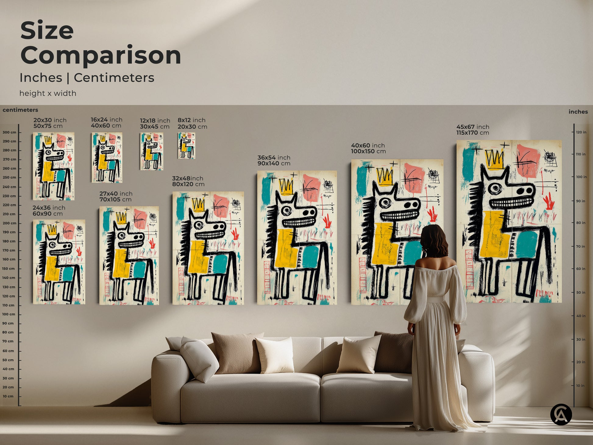 Size comparison of the horse with a crown artwork. Inches and centimeters are provided. See how the art fits in different spaces. Sizes range from small to large. Visualize the perfect fit for your home.