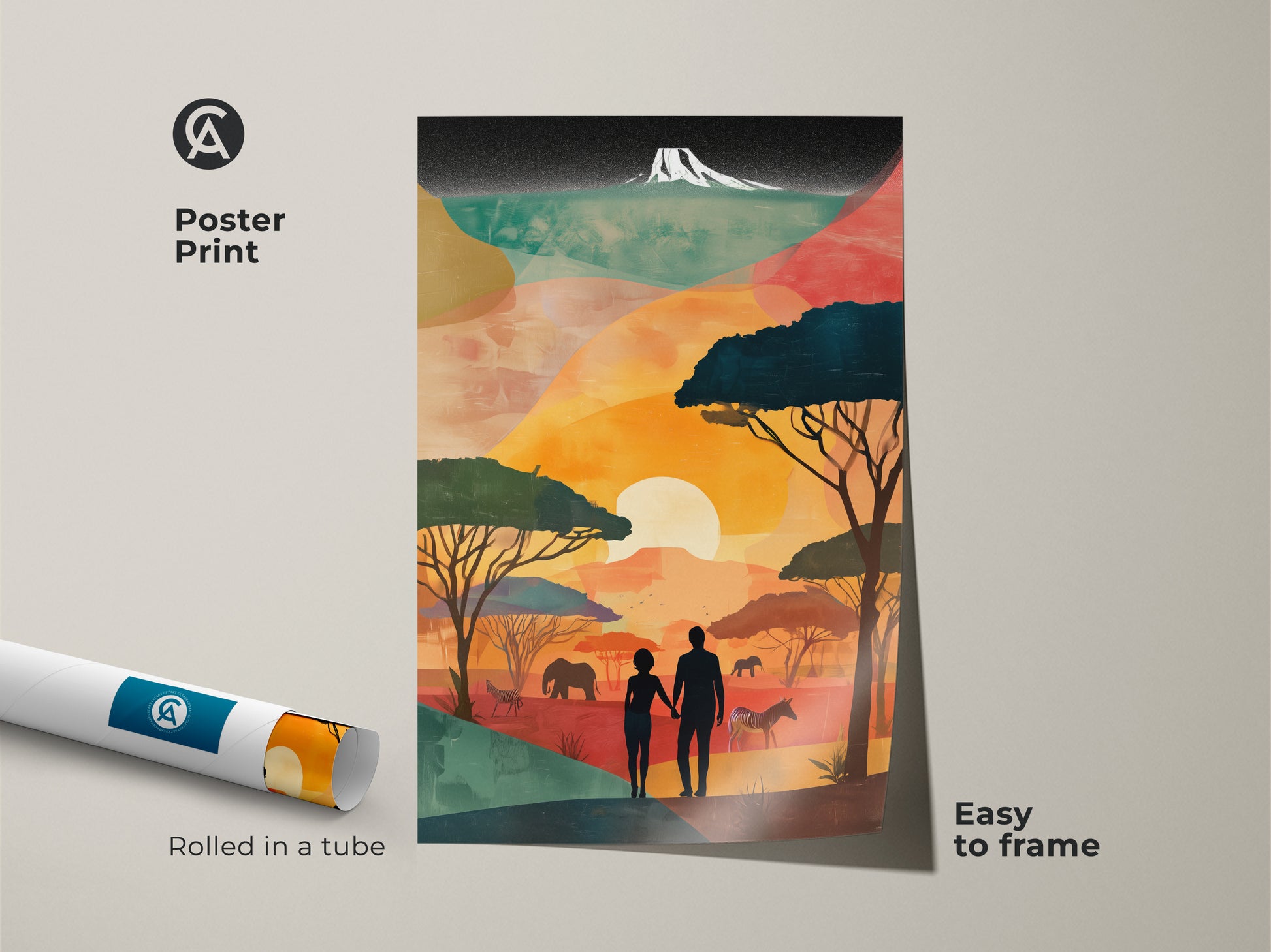 This poster print presents a retro African landscape. The boho safari art features a couple silhouette. There is vibrant sunset wildlife. It comes rolled in a tube easy to frame. See elephants zebras & savanna trees. It brings a touch of adventure. An ideal travel anniversary gift.