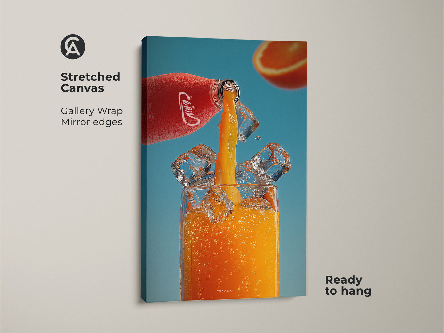Stretched canvas print of a refreshing orange juice pour. Gallery wrapped with mirrored edges. This contemporary drink artwork is ready to hang. It features a red bottle ice cubes and a blue backdrop. Ideal for modern kitchen wall art or bar decor.