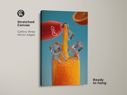 Stretched canvas print of a refreshing orange juice pour. Gallery wrapped with mirrored edges. This contemporary drink artwork is ready to hang. It features a red bottle ice cubes and a blue backdrop. Ideal for modern kitchen wall art or bar decor.