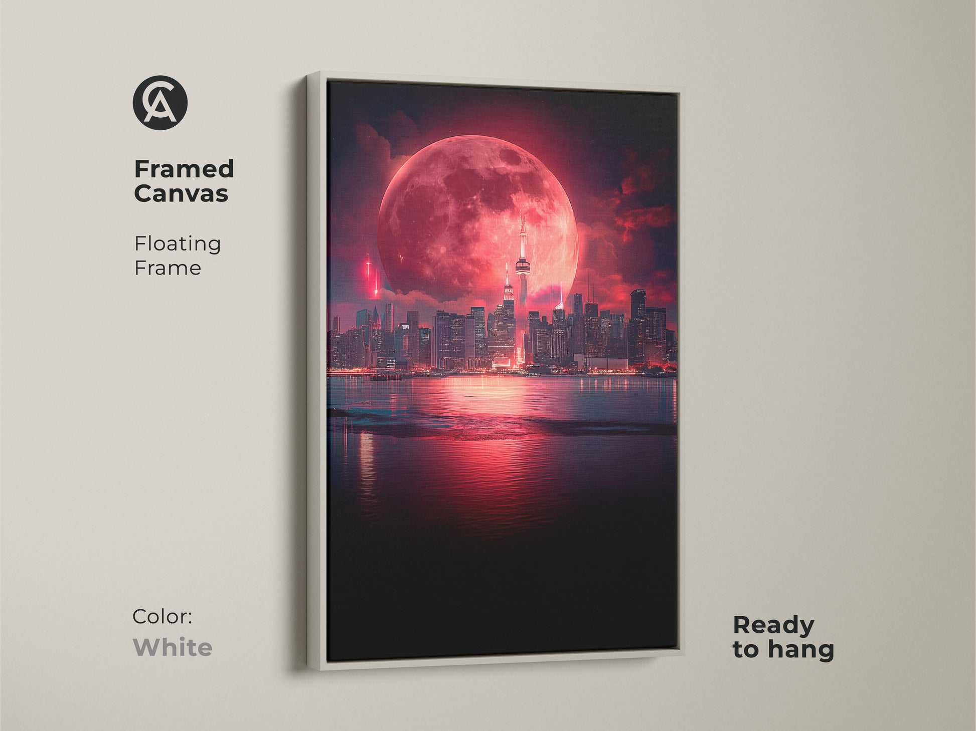 Framed canvas artwork showing a surreal cityscape with a dark blue skyline. The floating white frame offers a clean contemporary look. Ready to hang this otherworldly moon art adds a touch of the surreal to any room and a unique travel gift