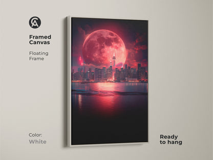 Framed canvas artwork showing a surreal cityscape with a dark blue skyline. The floating white frame offers a clean contemporary look. Ready to hang this otherworldly moon art adds a touch of the surreal to any room and a unique travel gift