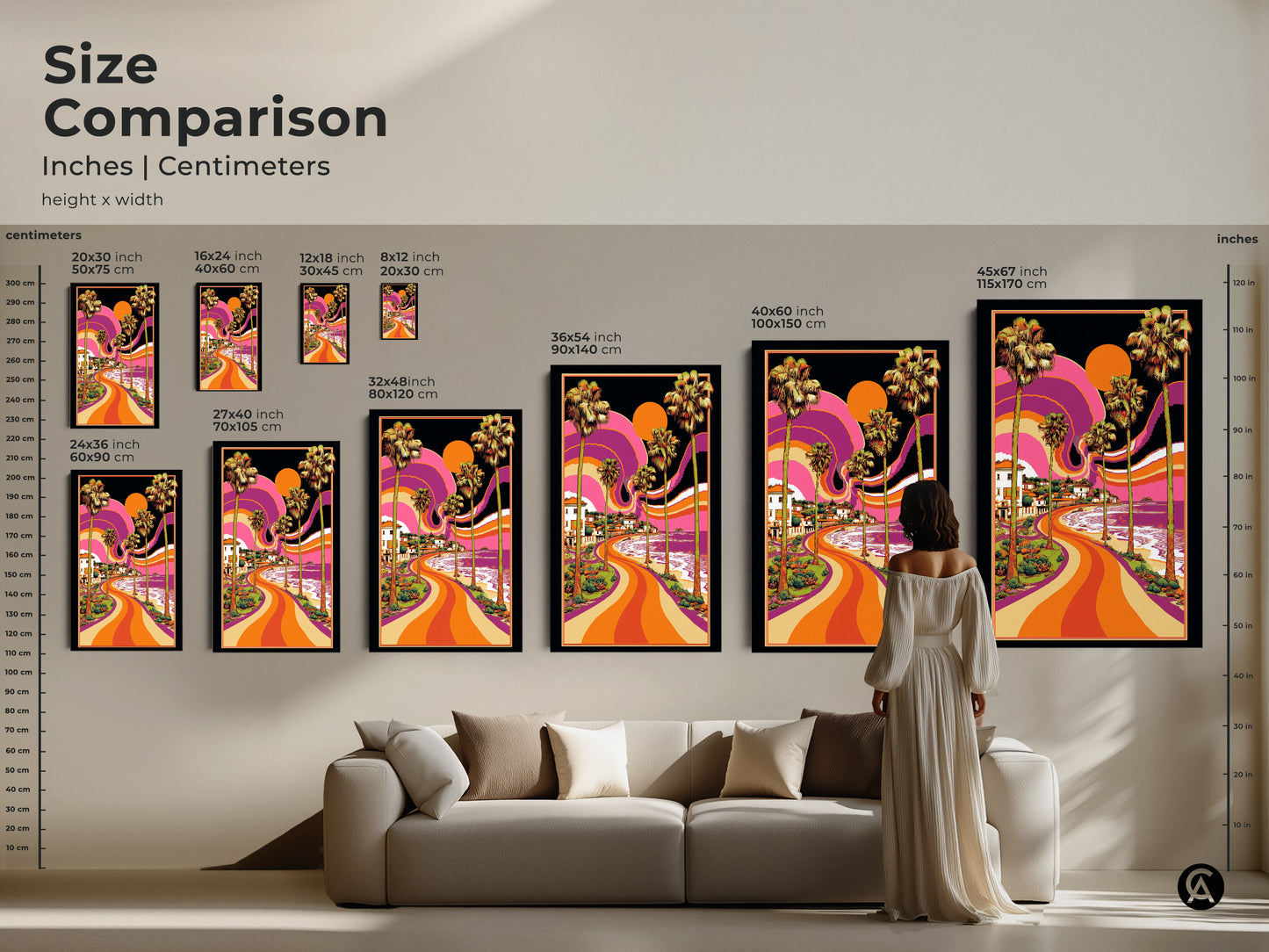 Close up of Psychedelic Coastal Scene Print featuring Retro Palm Trees. A unique blend of retro and psychedelic styles showcase palm trees. Includes a vibrant coastal landscape with swirling orange purple and yellow hues. Ready to hang.